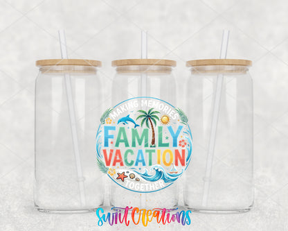 Family Vacation clear glass tumbler group mockup with bamboo lids and straws