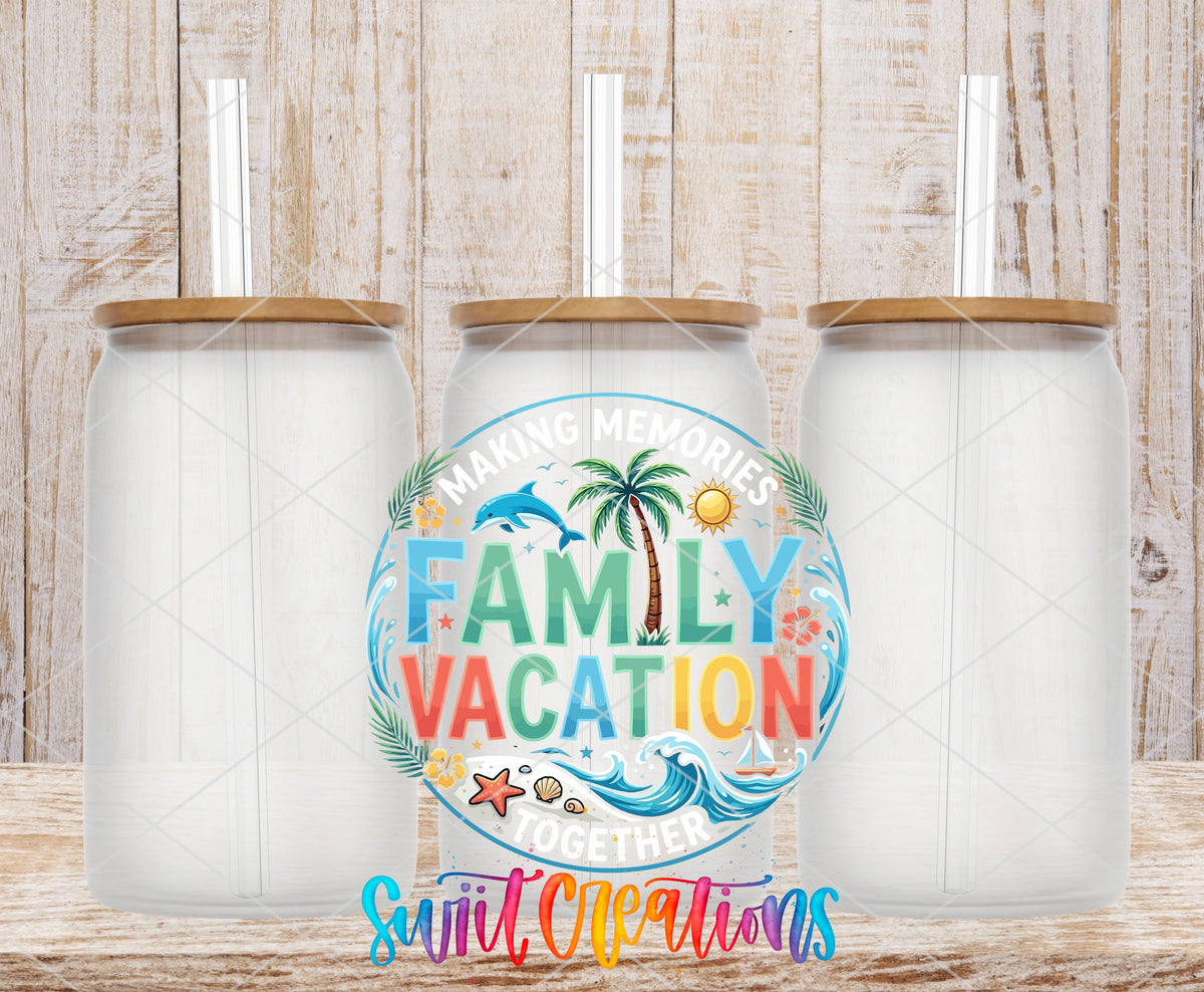 Family Vacation frosted glass tumbler mockup with bamboo lids and straws