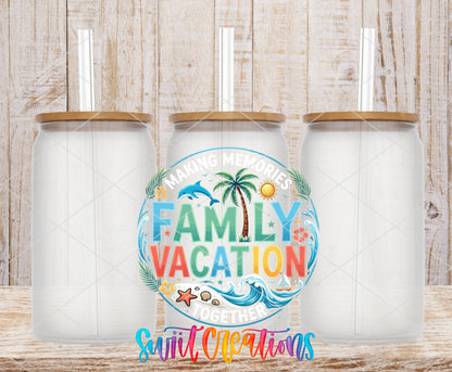 Family Vacation frosted glass tumbler mockup with bamboo lids and straws