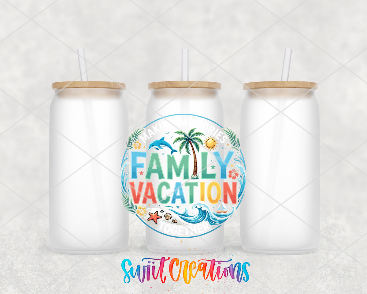 Family Vacation frosted glass tumbler group view with lids and straws
