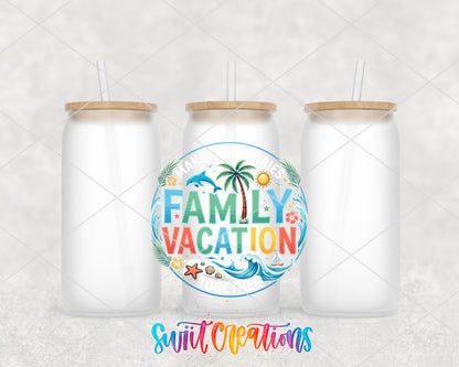 Family Vacation frosted glass tumbler group view with lids and straws