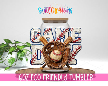 Game Day design on a 16 oz clear glass tumbler with bamboo lid