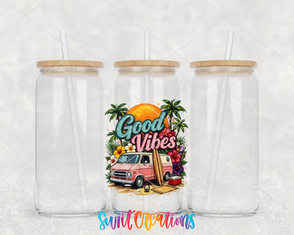 Good Vibes clear glass tumbler group mockup with bamboo lids and straws