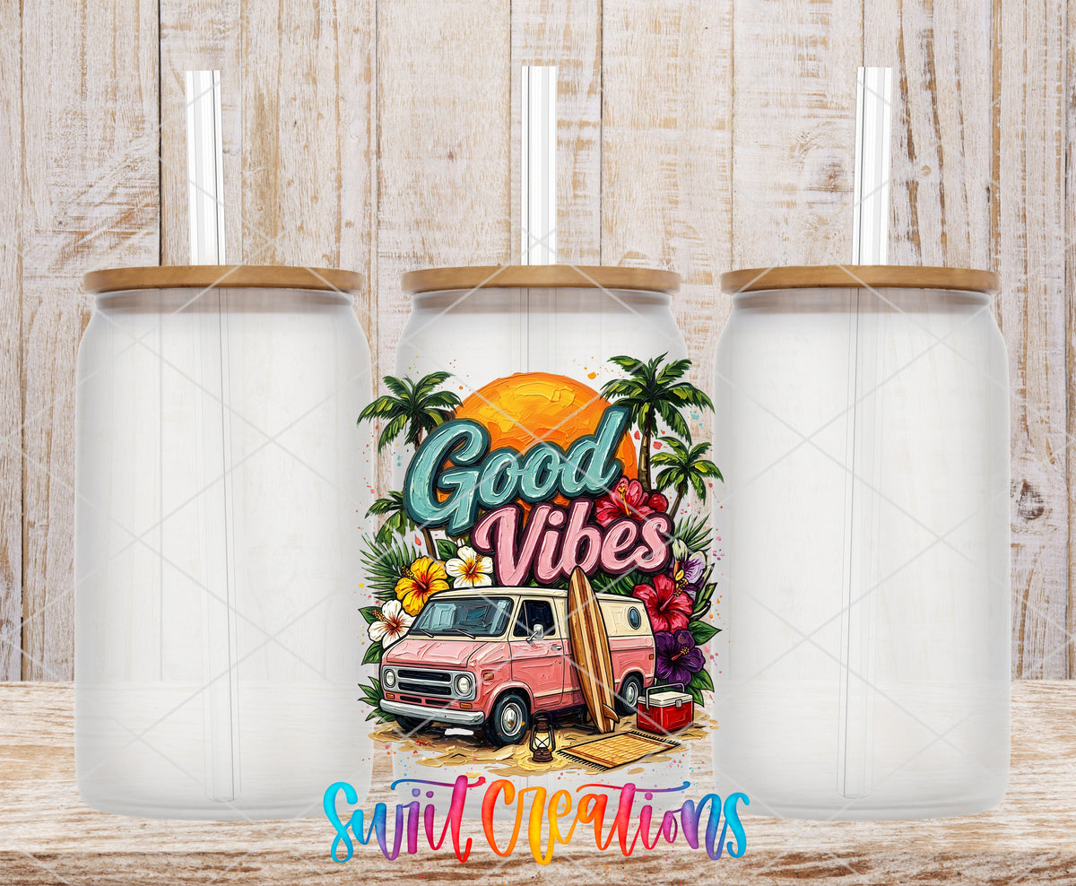 Good Vibes frosted glass tumbler mockup with bamboo lids and straws