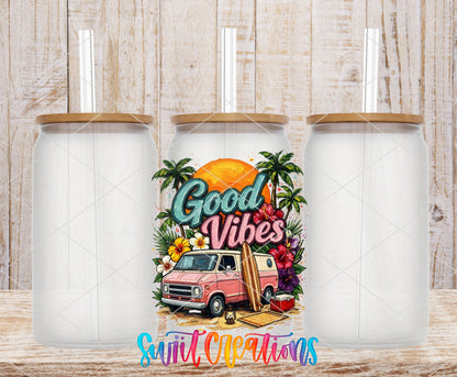 Good Vibes frosted glass tumbler mockup with bamboo lids and straws