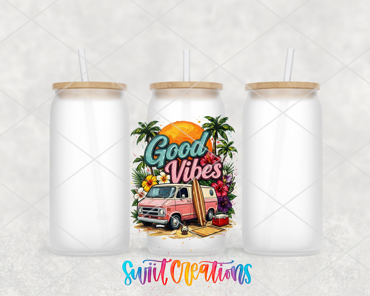 Good Vibes frosted glass tumbler group view with lids and straws