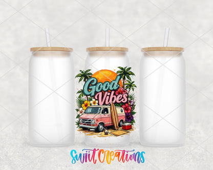 Good Vibes frosted glass tumbler group view with lids and straws
