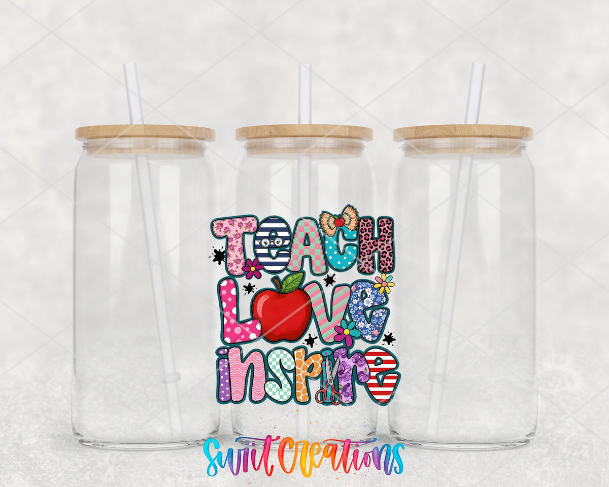 Teach Love Inspire clear glass tumbler group mockup with bamboo lids and straws