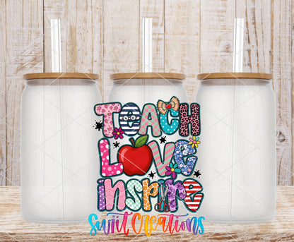 Teach Love Inspire frosted glass tumbler mockup with bamboo lids and straws