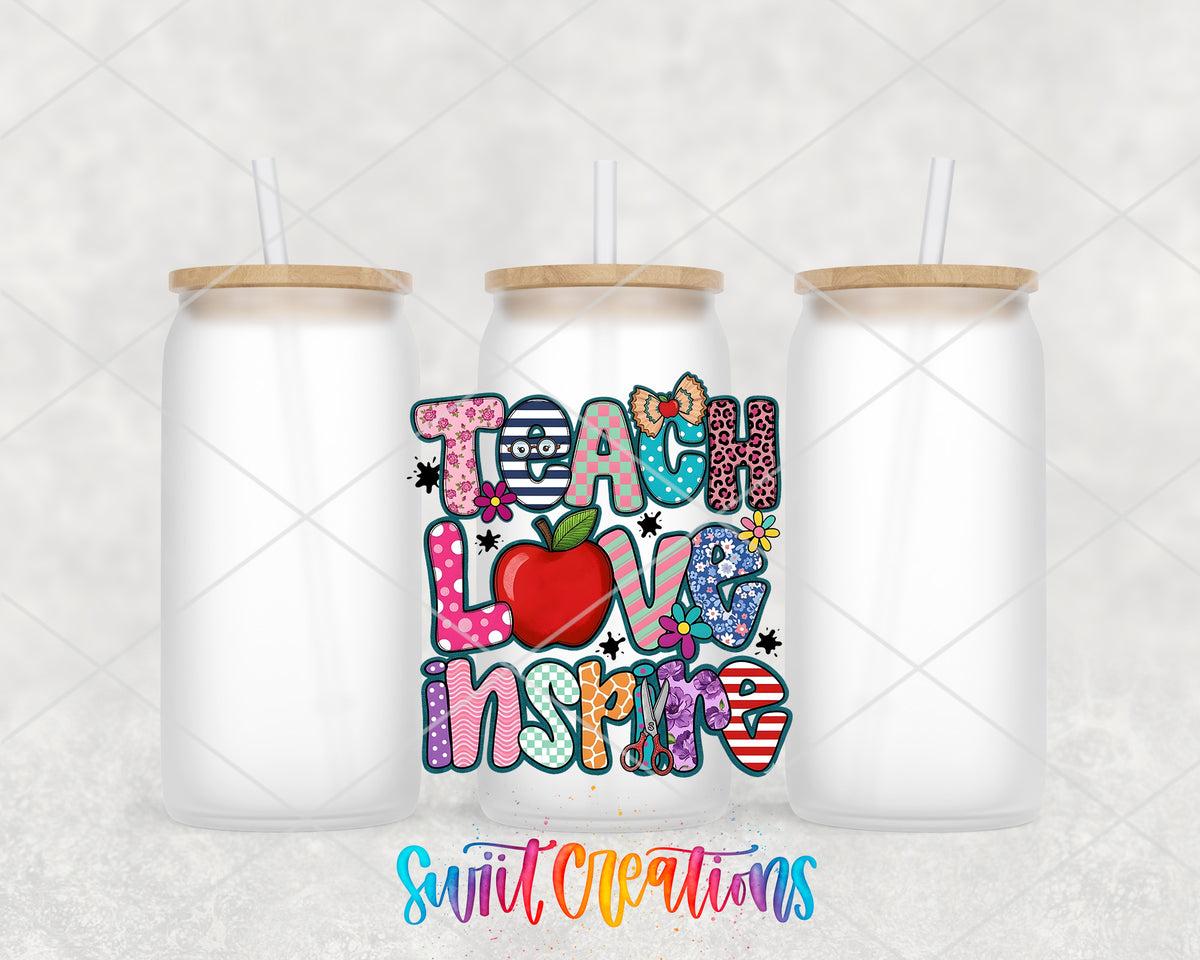 Teach Love Inspire frosted glass tumbler group view with lids and straws