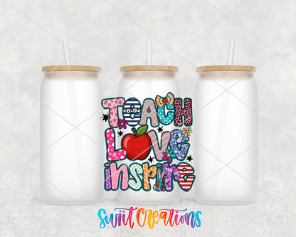 Teach Love Inspire frosted glass tumbler group view with lids and straws