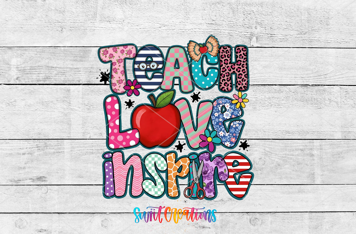 Teach Love Inspire artwork detail for the finished 16 oz tumbler