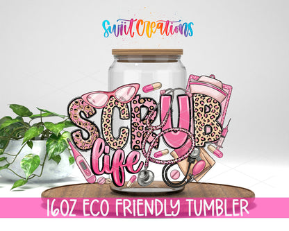 Scrub Life design on a 16 oz clear glass tumbler with bamboo lid