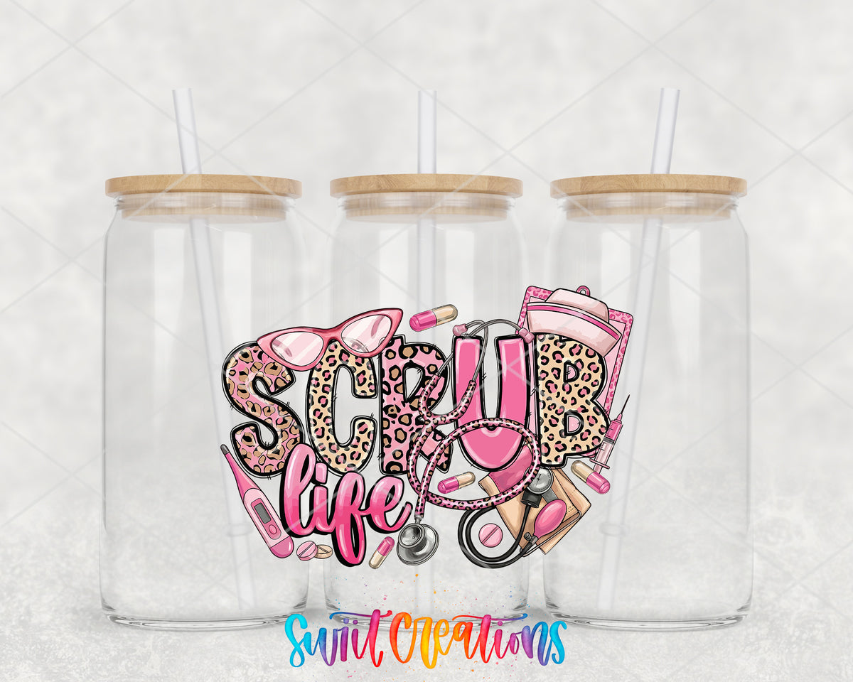 Scrub Life clear glass tumbler group mockup with bamboo lids and straws