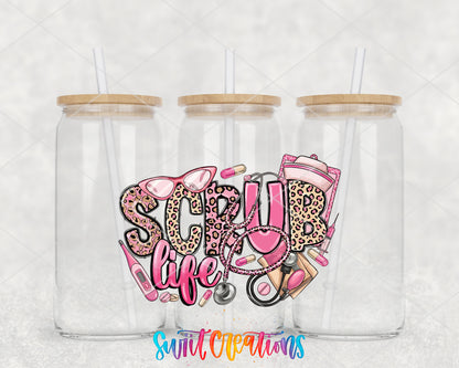 Scrub Life clear glass tumbler group mockup with bamboo lids and straws