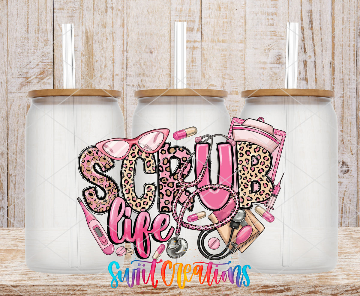 Scrub Life frosted glass tumbler mockup with bamboo lids and straws