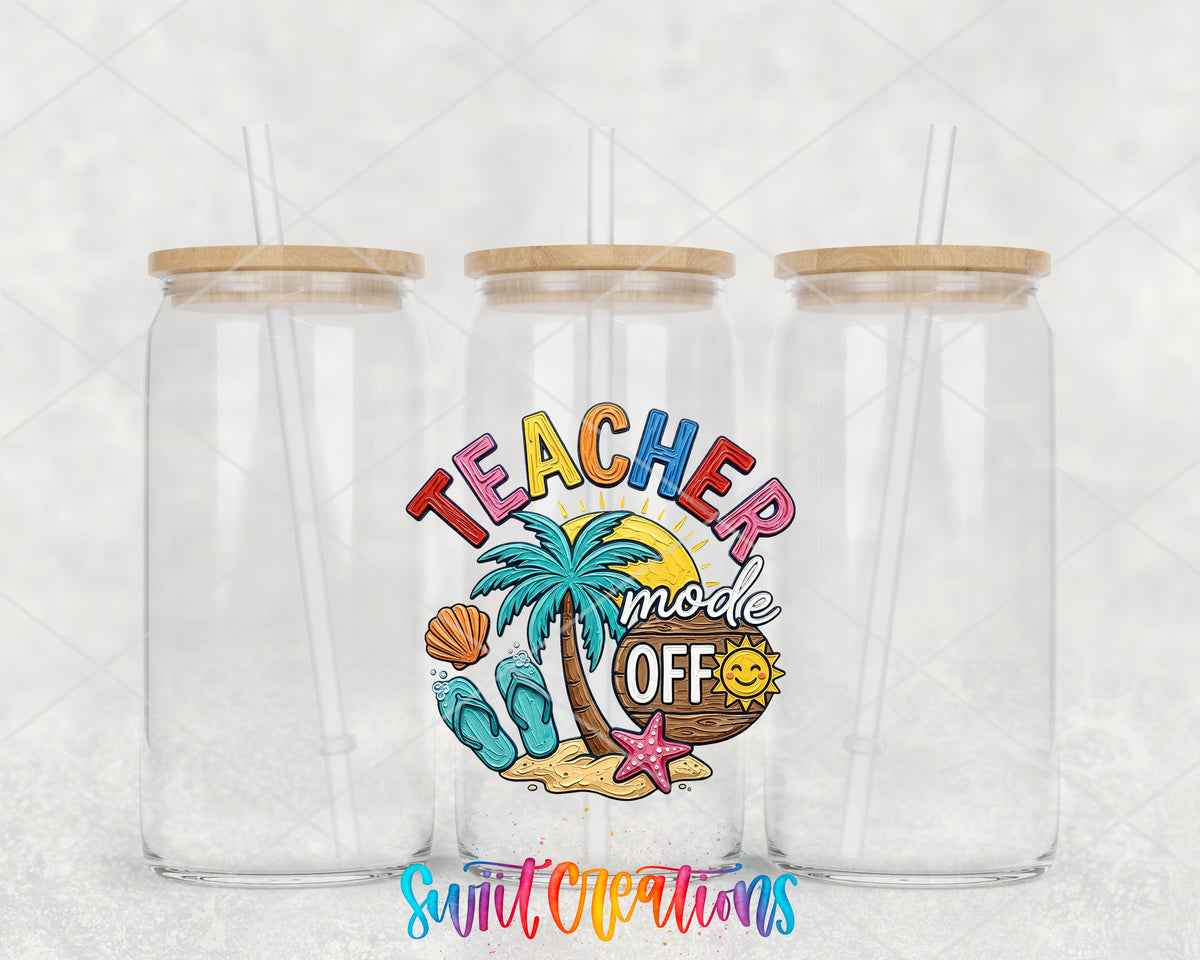 Teacher Mode Off clear glass tumbler group mockup with bamboo lids and straws