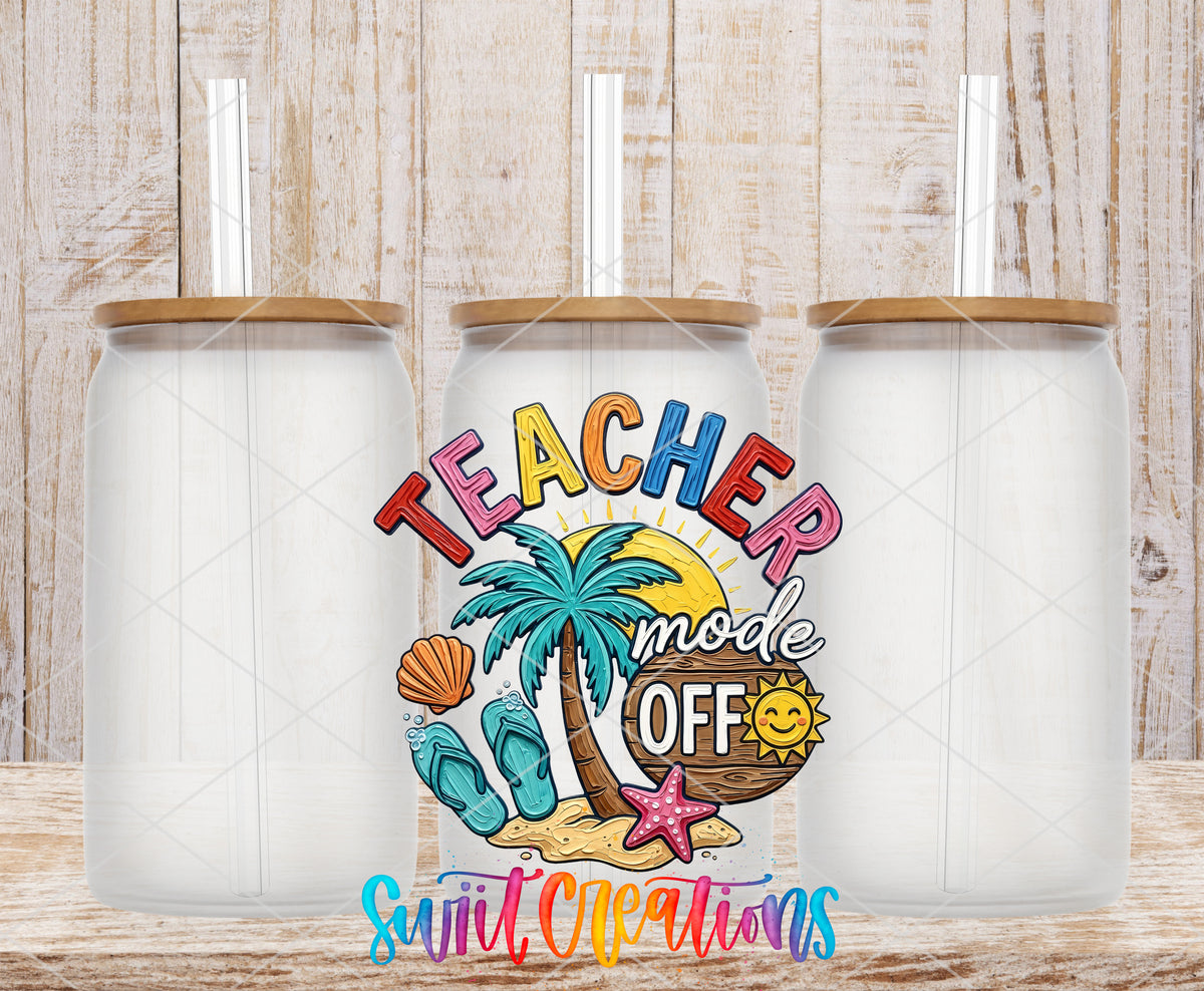 Teacher Mode Off frosted glass tumbler mockup with bamboo lids and straws