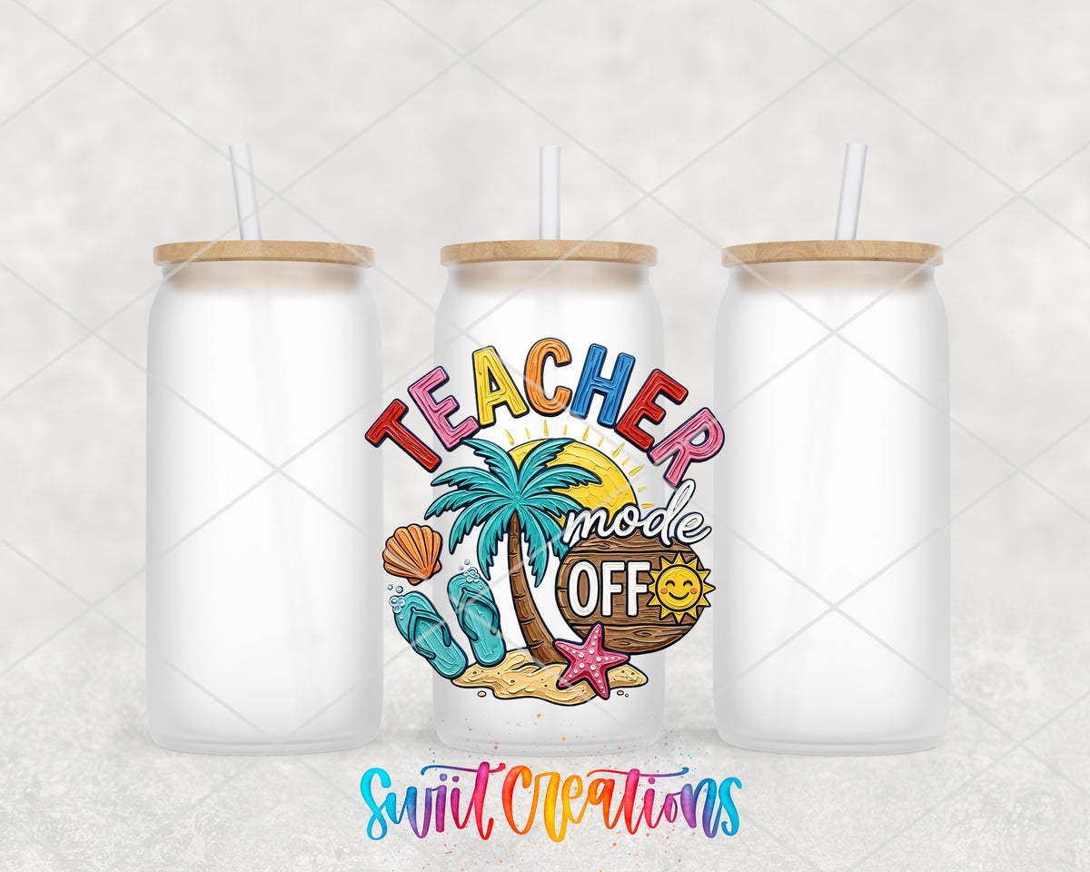 Teacher Mode Off frosted glass tumbler group view with lids and straws