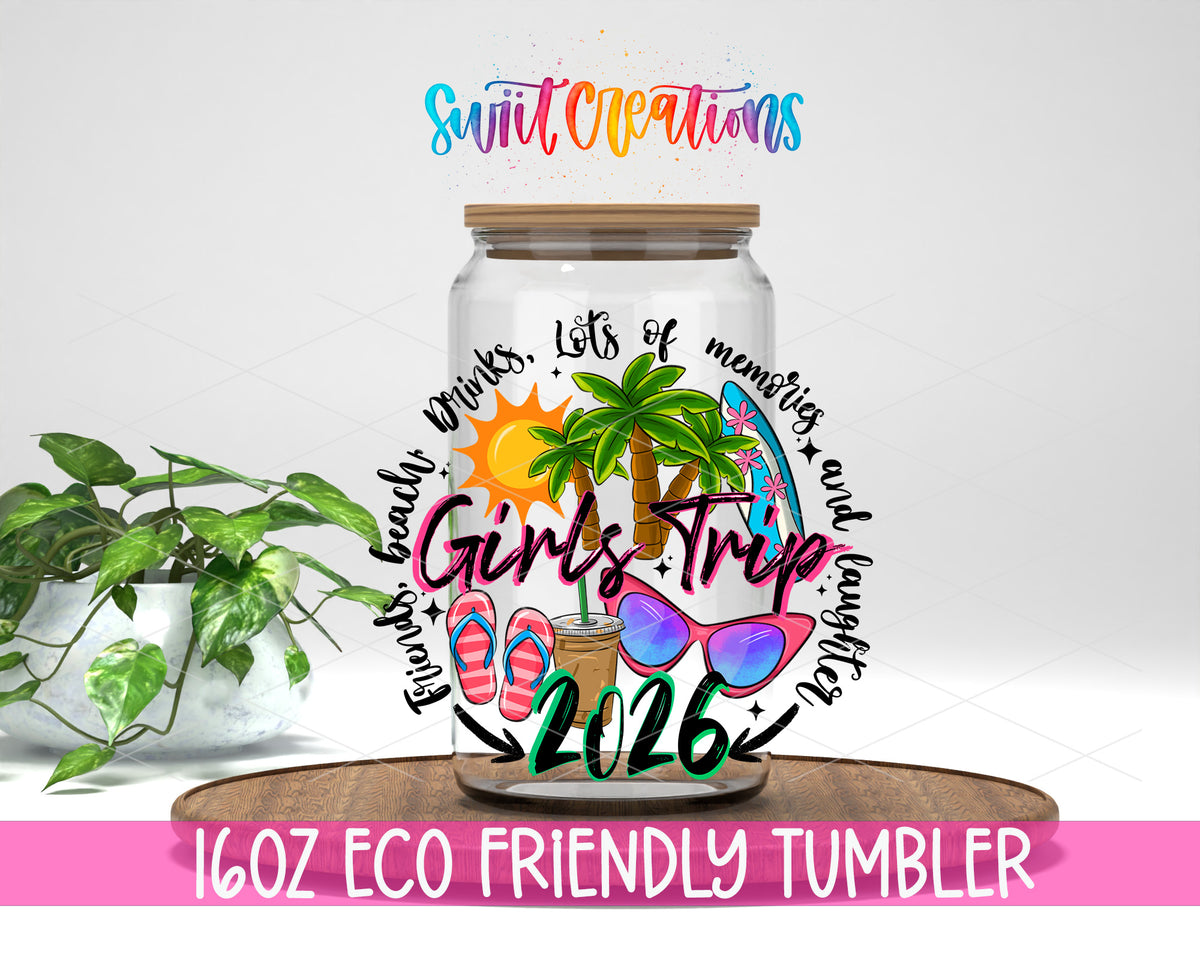 Girls Trip 2026 design on a 16 oz clear glass tumbler with bamboo lid