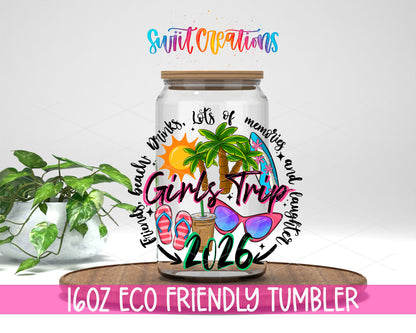 Girls Trip 2026 design on a 16 oz clear glass tumbler with bamboo lid