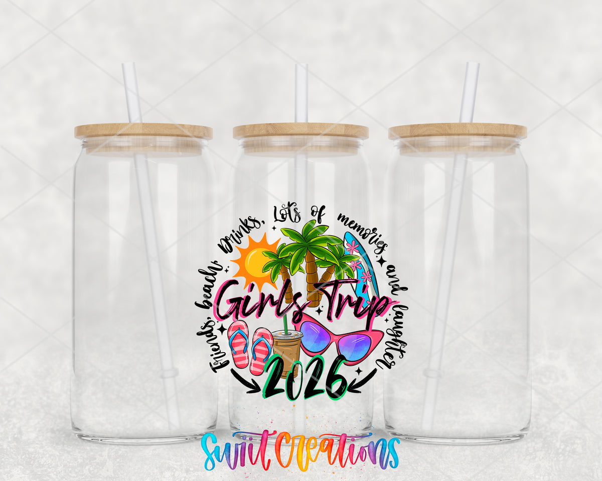 Girls Trip 2026 clear glass tumbler group mockup with bamboo lids and straws