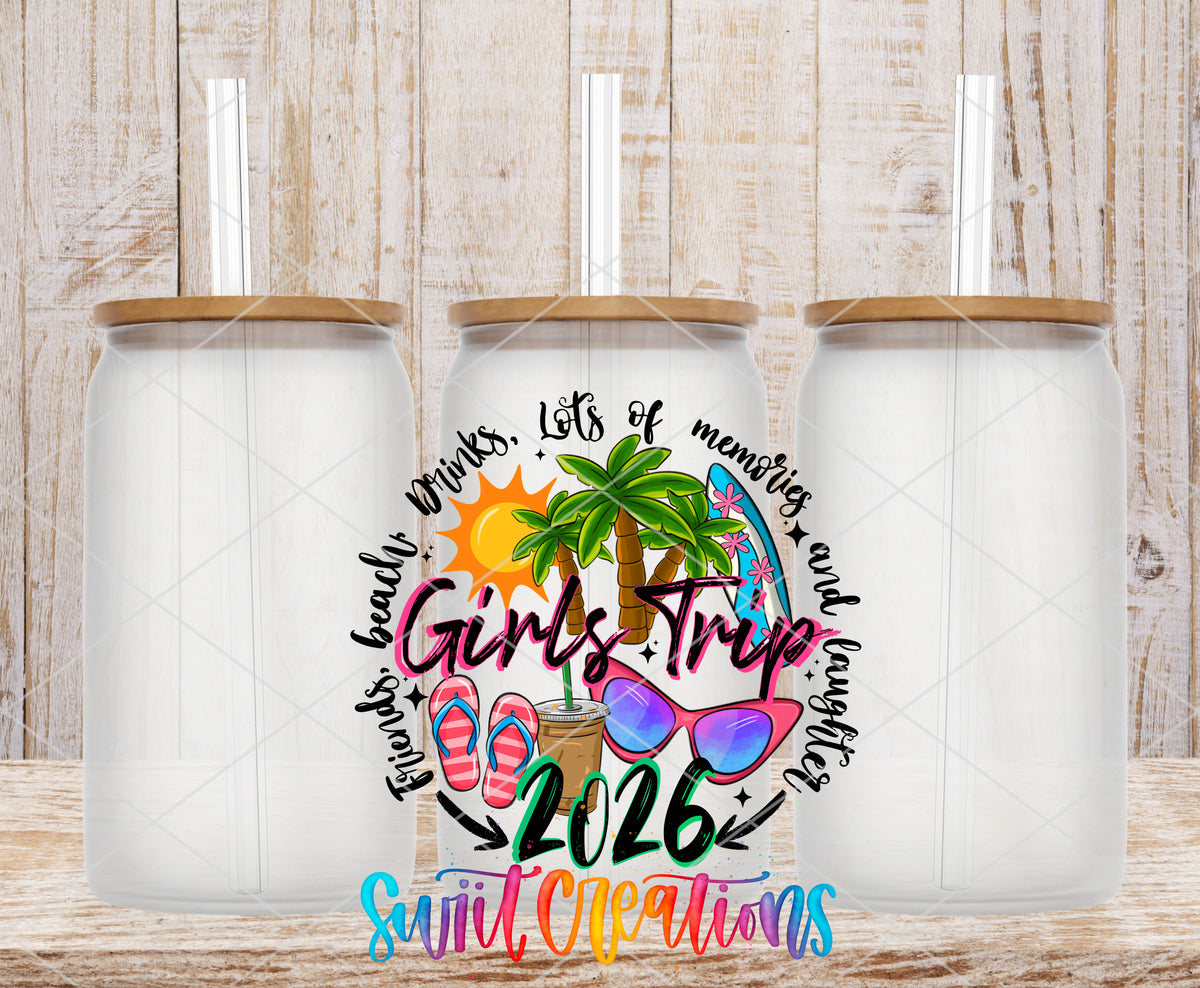 Girls Trip 2026 frosted glass tumbler mockup with bamboo lids and straws