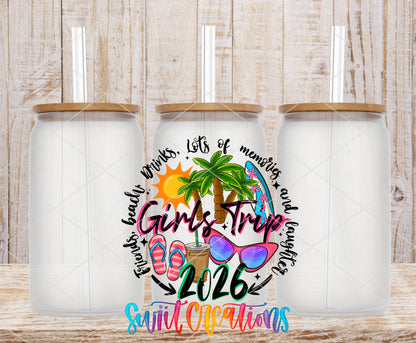 Girls Trip 2026 frosted glass tumbler mockup with bamboo lids and straws