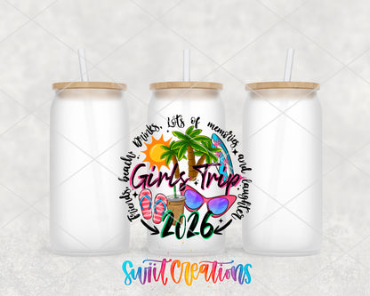 Girls Trip 2026 frosted glass tumbler group view with lids and straws