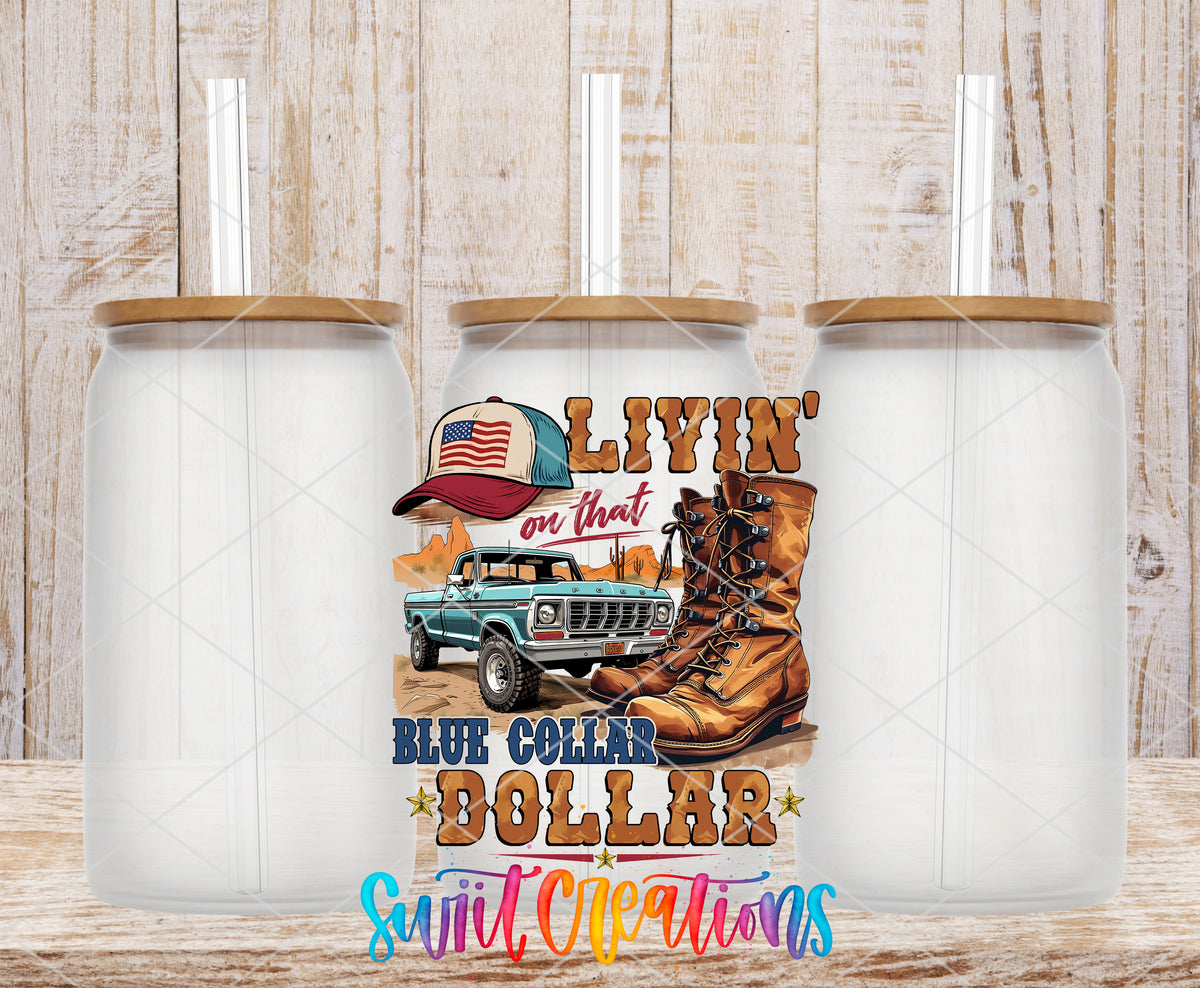 Blue Collar Dollar frosted glass tumbler mockup with bamboo lids and straws