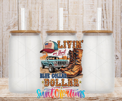 Blue Collar Dollar frosted glass tumbler mockup with bamboo lids and straws