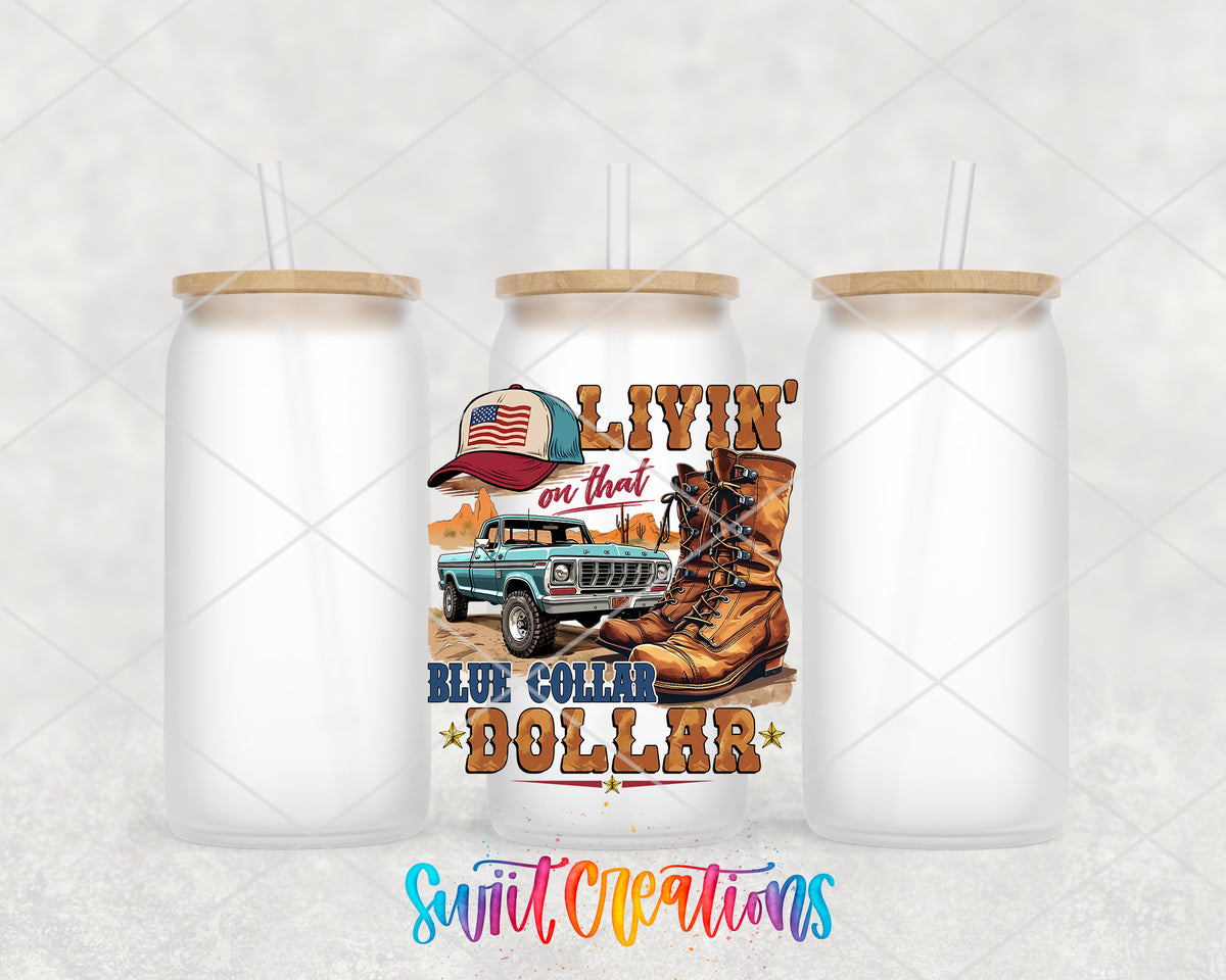 Blue Collar Dollar frosted glass tumbler group view with lids and straws
