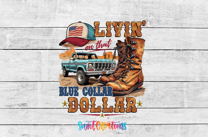 Blue Collar Dollar artwork detail for the finished 16 oz tumbler