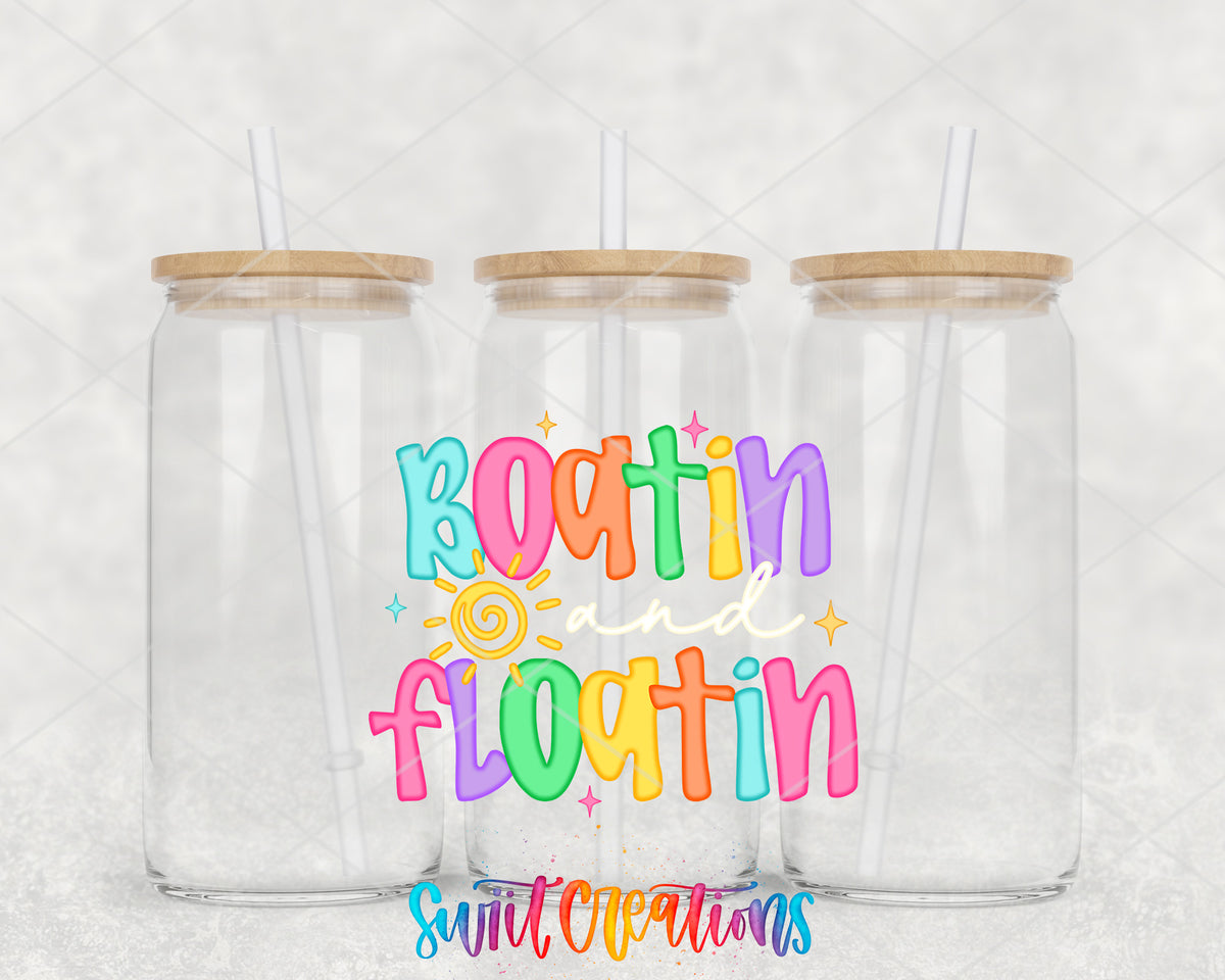 Boatin' and Floatin' clear glass tumbler group mockup with bamboo lids and straws