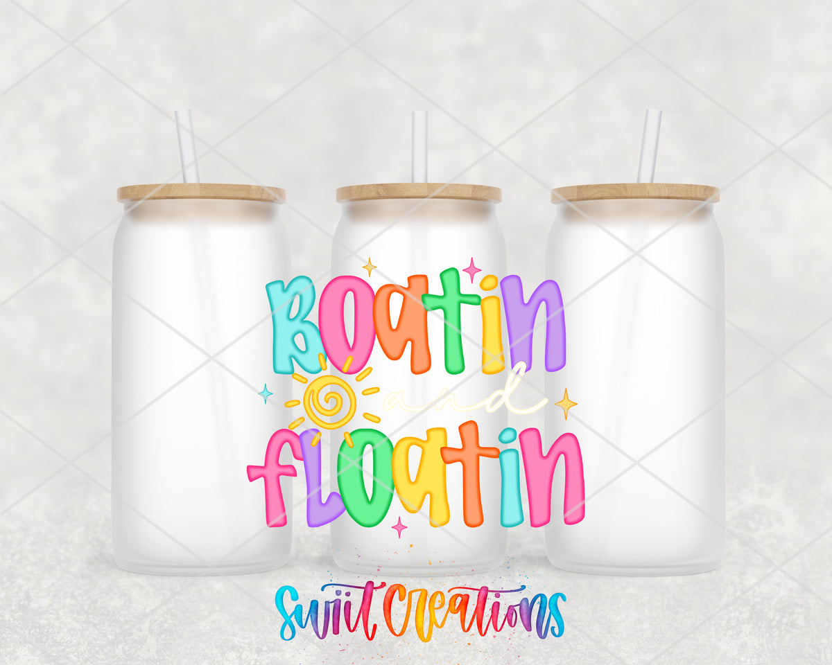 Boatin' and Floatin' frosted glass tumbler group view with lids and straws