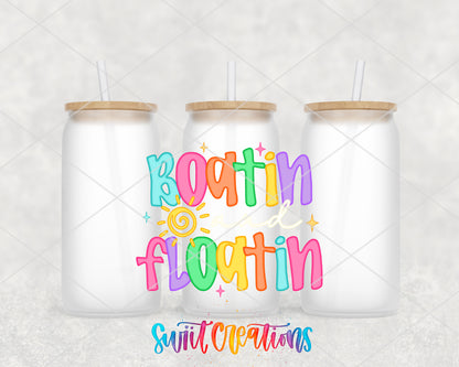 Boatin' and Floatin' frosted glass tumbler group view with lids and straws