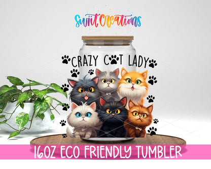 Crazy Cat Lady design on a 16 oz clear glass tumbler with bamboo lid