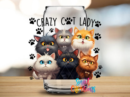 Crazy Cat Lady design close-up on a clear glass can tumbler