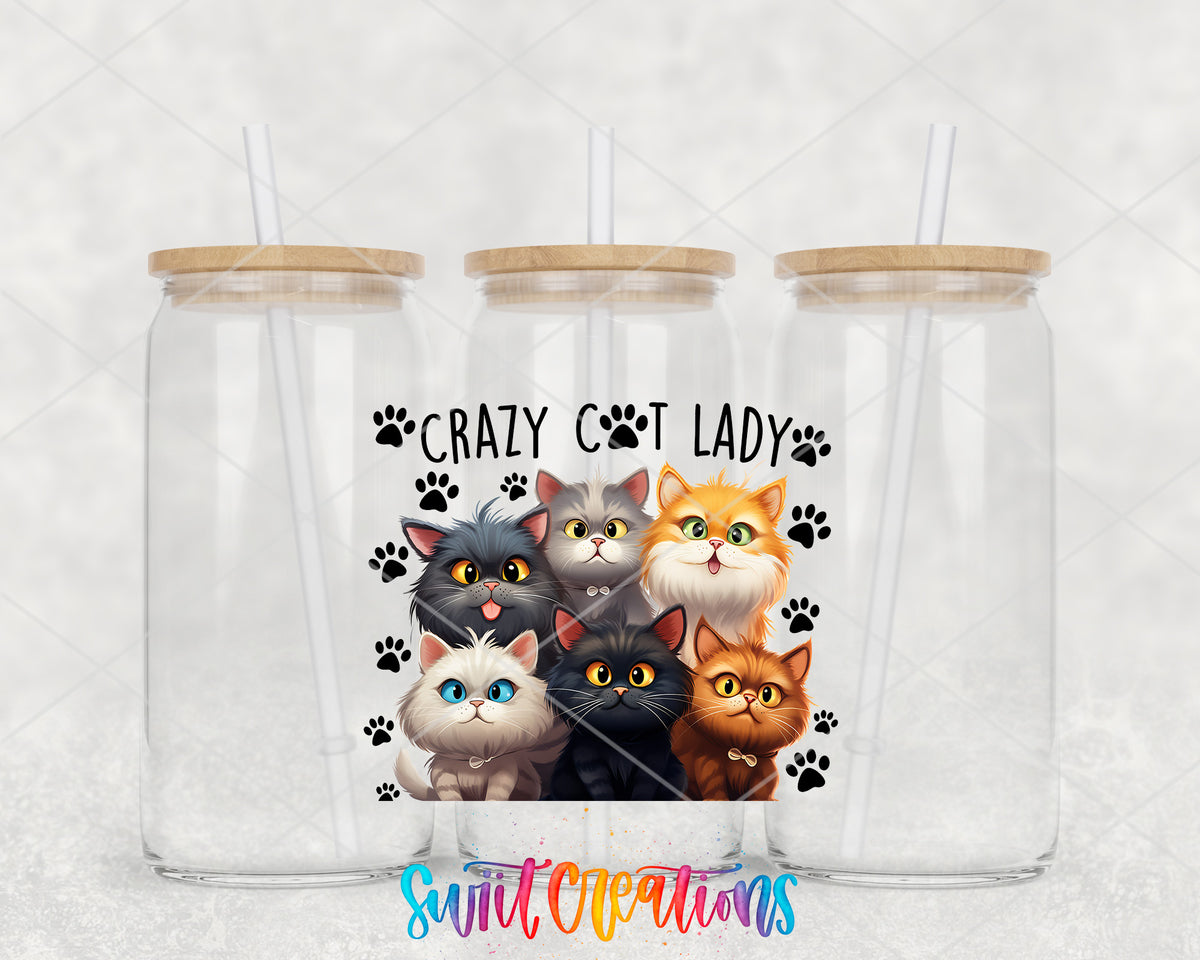 Crazy Cat Lady clear glass tumbler group mockup with bamboo lids and straws