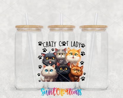 Crazy Cat Lady clear glass tumbler group mockup with bamboo lids and straws