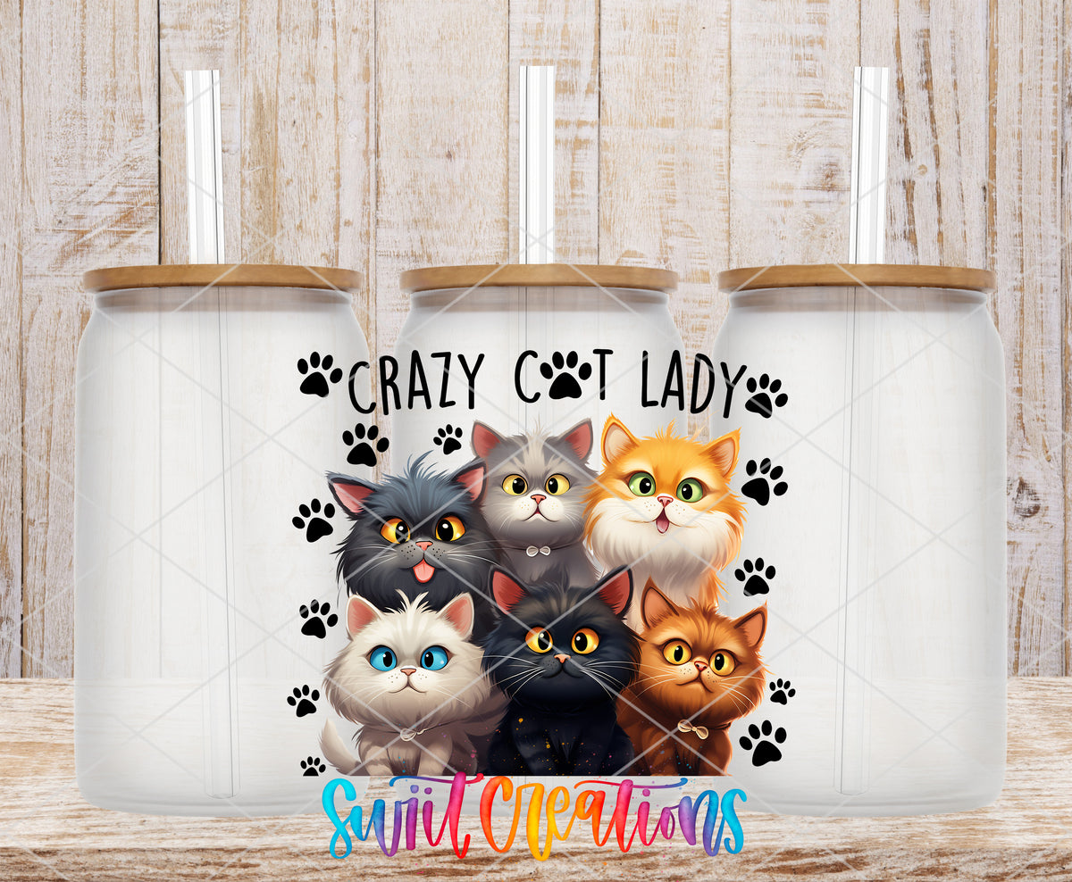 Crazy Cat Lady frosted glass tumbler mockup with bamboo lids and straws