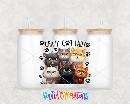 Crazy Cat Lady frosted glass tumbler group view with lids and straws