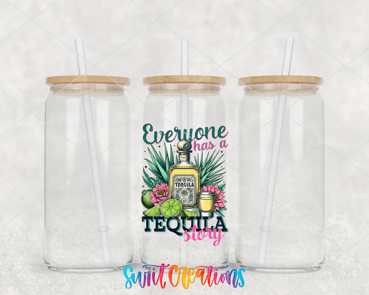 Everyone Has a Tequila Story clear glass tumbler group mockup with bamboo lids and straws