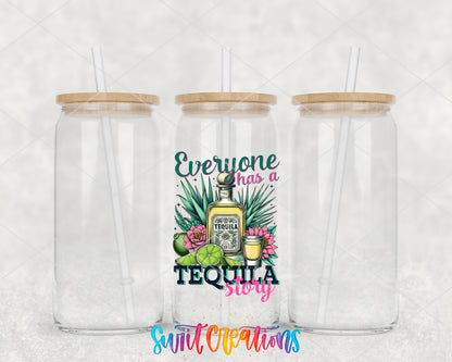 Everyone Has a Tequila Story clear glass tumbler group mockup with bamboo lids and straws