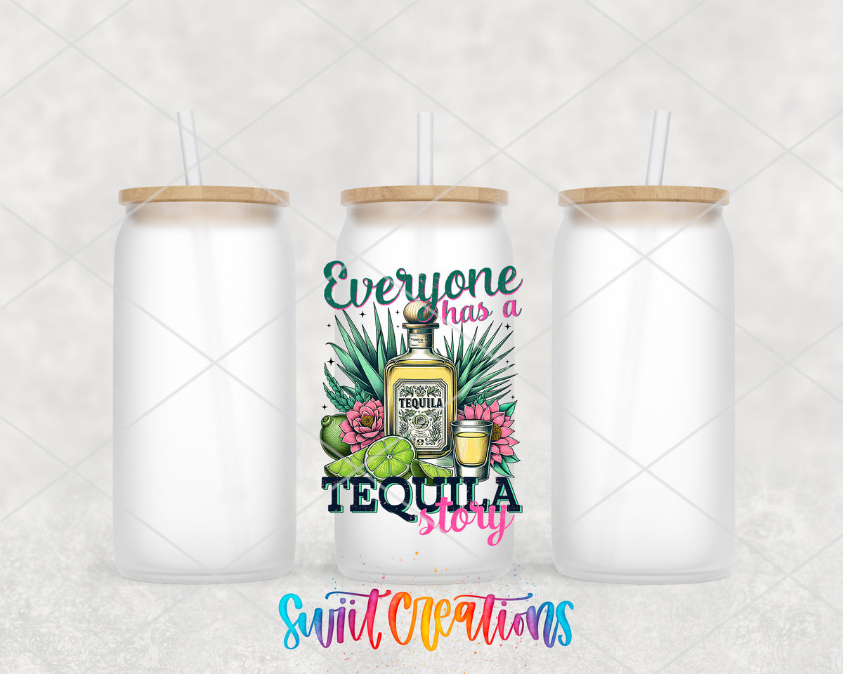 Everyone Has a Tequila Story frosted glass tumbler group view with lids and straws