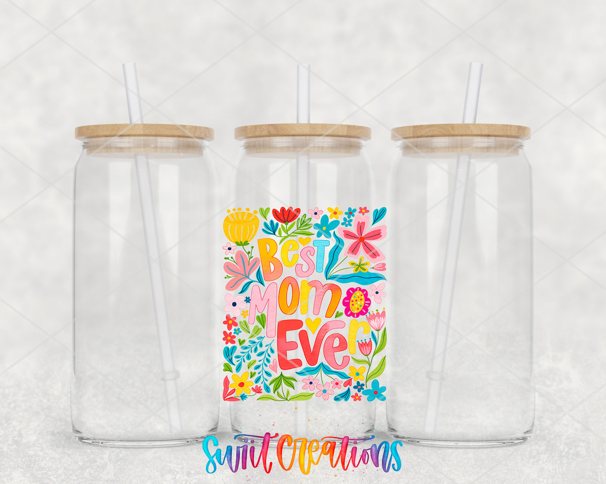 Best Mom Ever clear glass tumbler group mockup with bamboo lids and straws