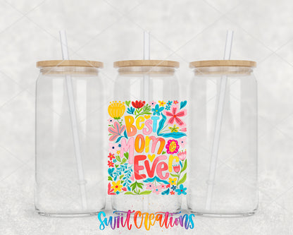 Best Mom Ever clear glass tumbler group mockup with bamboo lids and straws