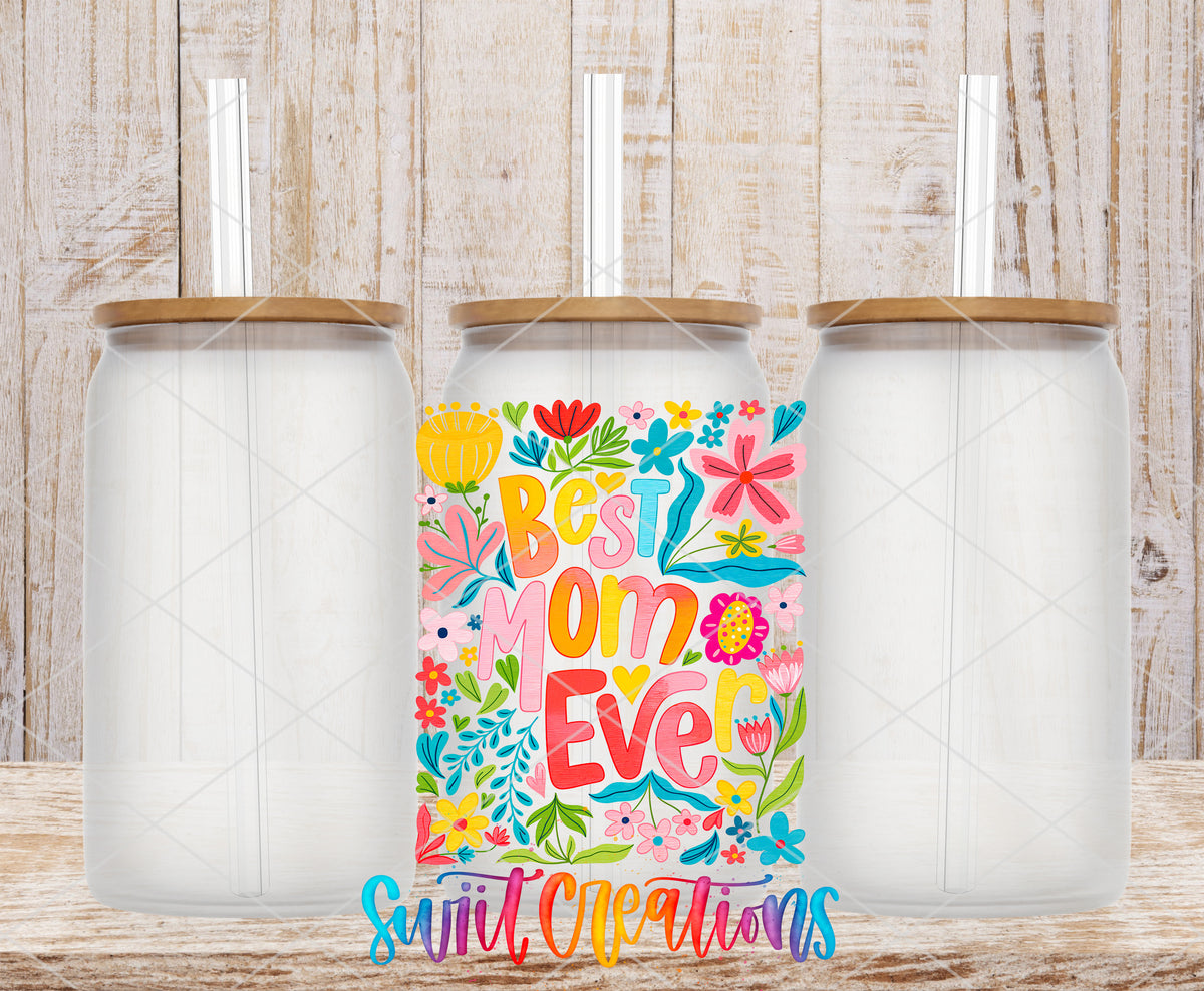 Best Mom Ever frosted glass tumbler mockup with bamboo lids and straws