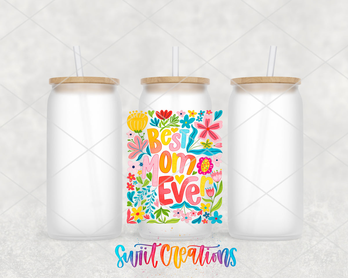 Best Mom Ever frosted glass tumbler group view with lids and straws