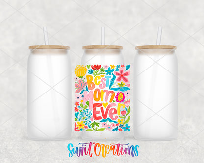 Best Mom Ever frosted glass tumbler group view with lids and straws